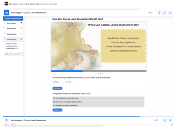 In the main content area of an H5P Interactive Book activity, an interactive Course Presentation is followed by a Single-Choice question. Users can navigate to different pages within the Interactive Book using the menu located to the left of the main content or by using the arrows at the top and bottom right corners.